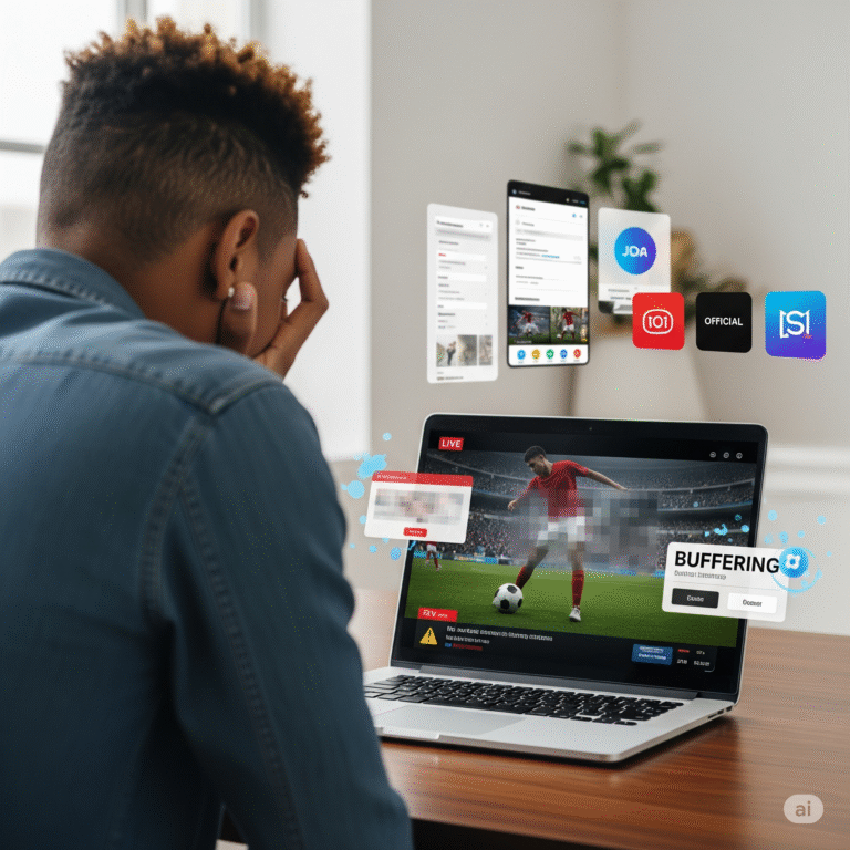 A person looking frustrated at a laptop screen showing a buffering sports game with pop-up warnings, while clean official streaming app icons appear in the background, symbolizing the shift to reliable legal alternatives.