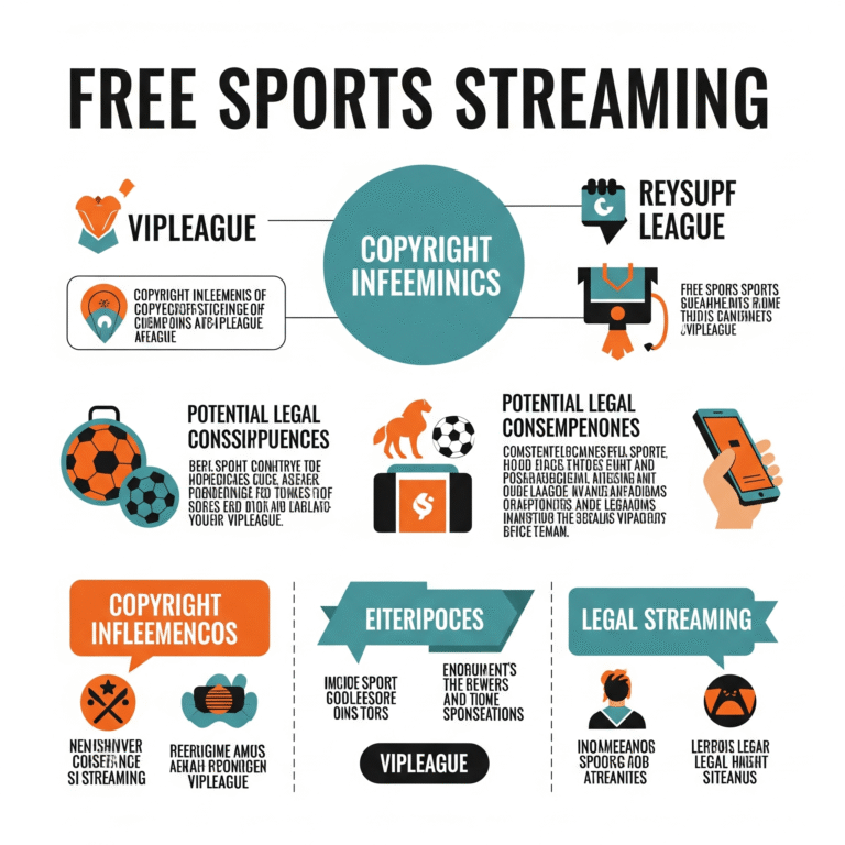 Infographic detailing the legalities of free sports streaming, explaining copyright infringement, viewer consequences, and platforms like VIPLeague, with icons and clear text.