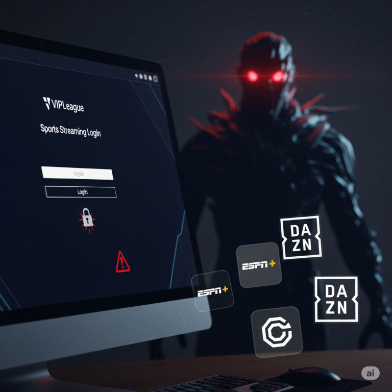 A computer screen displays a deceptive login page with a broken padlock icon and warning signs, while a shadowy figure lurks behind it, symbolizing hidden threats. In the foreground, clean icons of official streaming services appear, representing safe alternatives