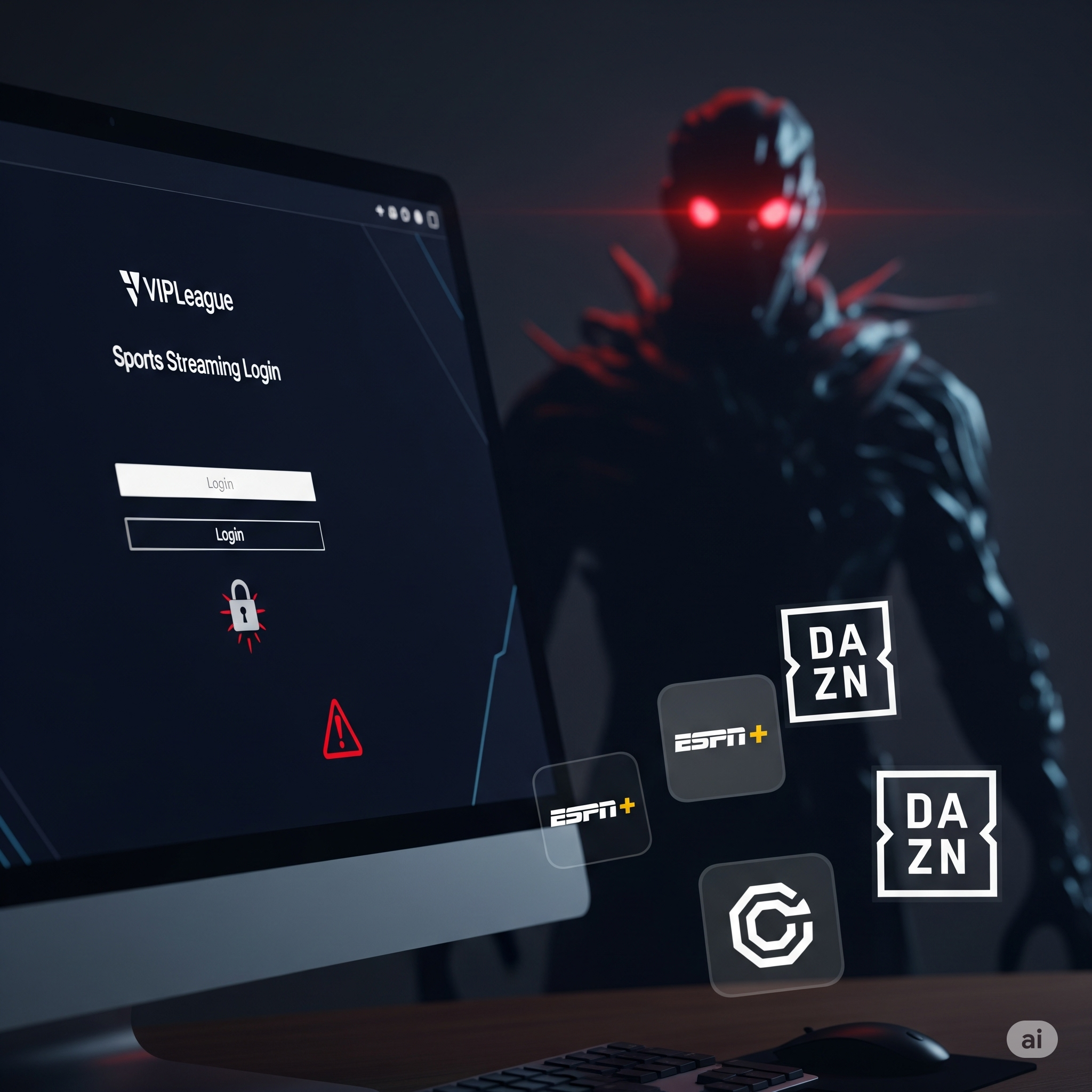 A computer screen displays a deceptive login page with a broken padlock icon and warning signs, while a shadowy figure lurks behind it, symbolizing hidden threats. In the foreground, clean icons of official streaming services appear, representing safe alternatives