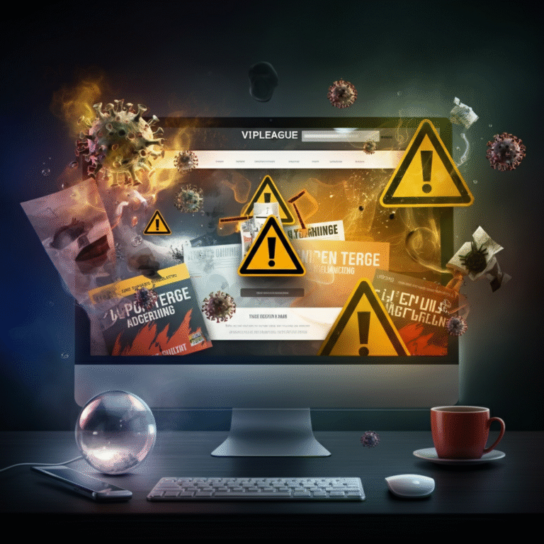 A computer monitor displaying the VIPLEAGUE website is covered in warning signs and virus symbols, with chaotic pop-up elements, conveying digital danger and unreliability.