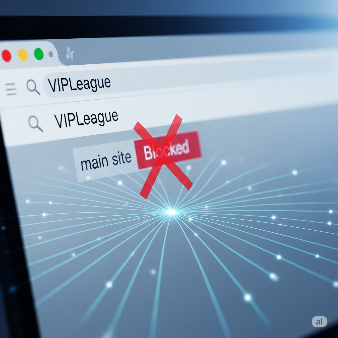 Computer screen showing a blocked VIPLeague search result, with digital lines symbolizing DNS routing, hinting at hidden blocking mechanisms