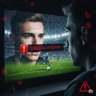 Frustrated fan reflected in a TV screen showing a broken sports stream, symbolizing VIPLeague's failure.