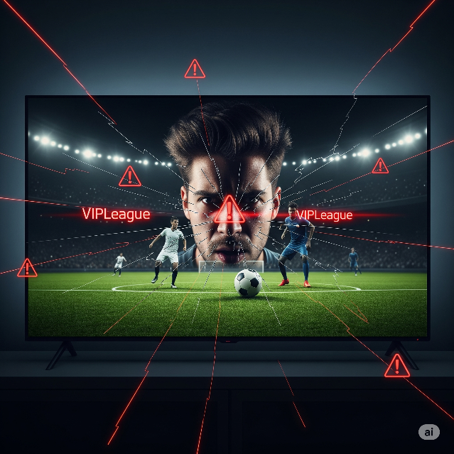 Frustrated fan reflected in a TV screen showing a broken sports stream, symbolizing VIPLeague's failure