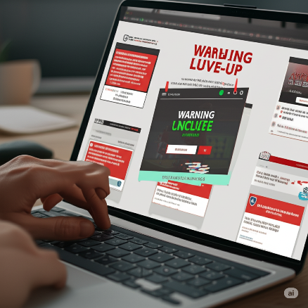 A laptop screen filled with intrusive pop-up ads obscuring a blurry sports stream, representing the annoyance and potential dangers of free streaming sites like VIPLeague