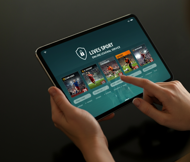 Hands scrolling through a clean, organized official sports streaming app on a tablet, symbolizing easy and reliable access to legal content
